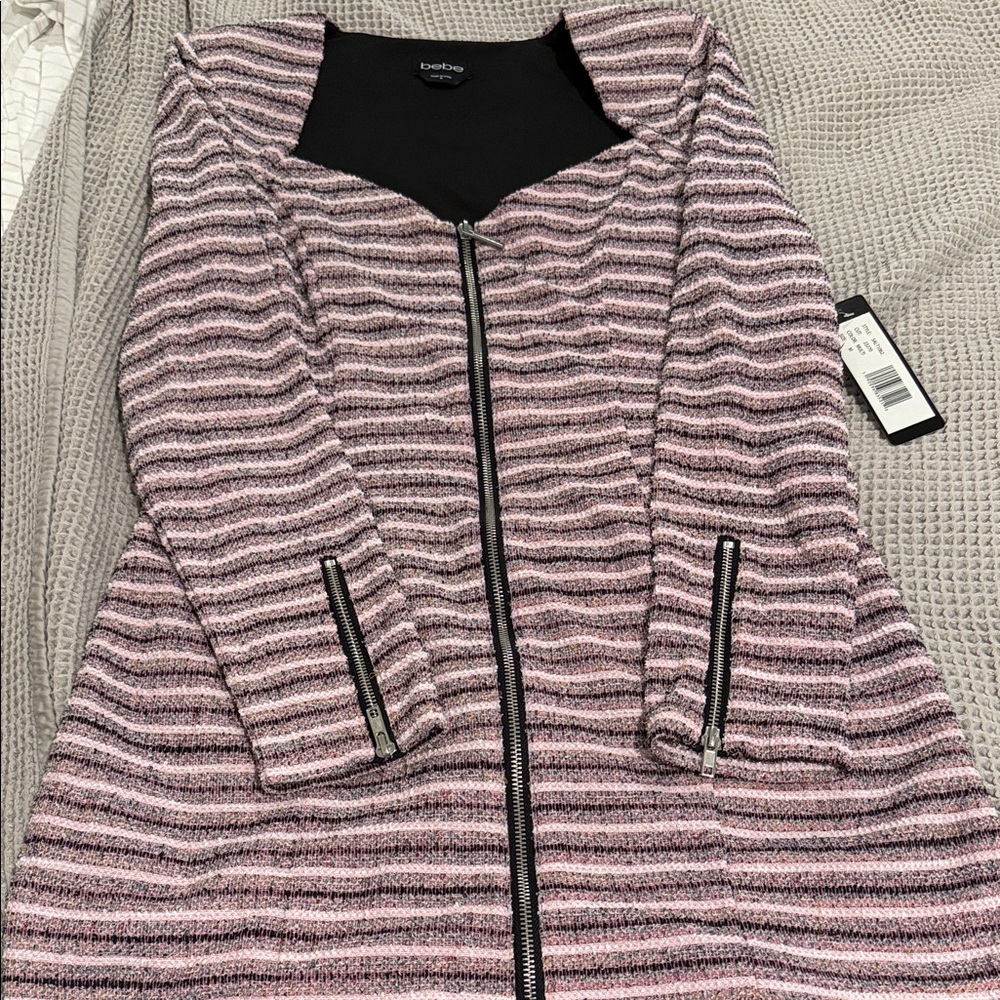 Bebe Pink and Black Striped Zip-Up Dress